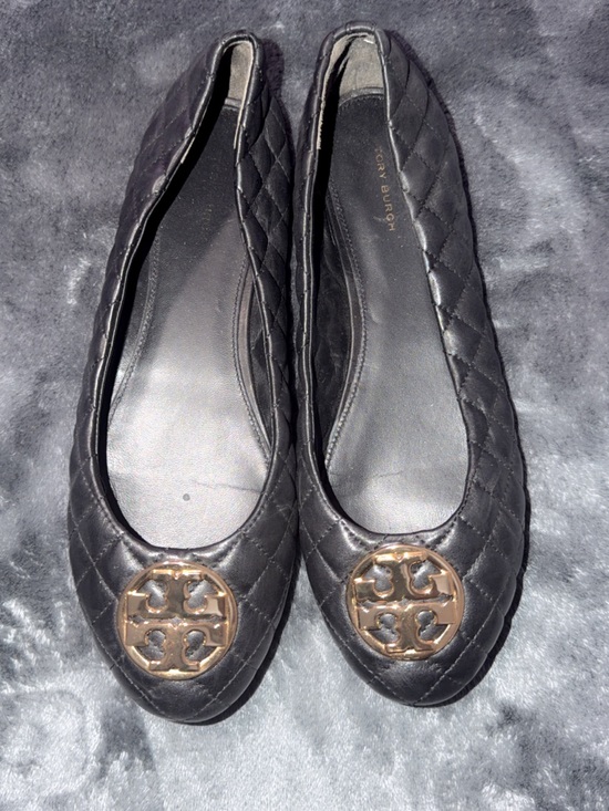 Tory Burch Shoes - Tory Burch Black Quilted Leather Flats with Gold Logo Medallion - Size 11